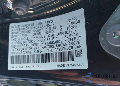 2020 Honda Civic Sport from USA, damaged, VIN 2HGFC2F87LH536634